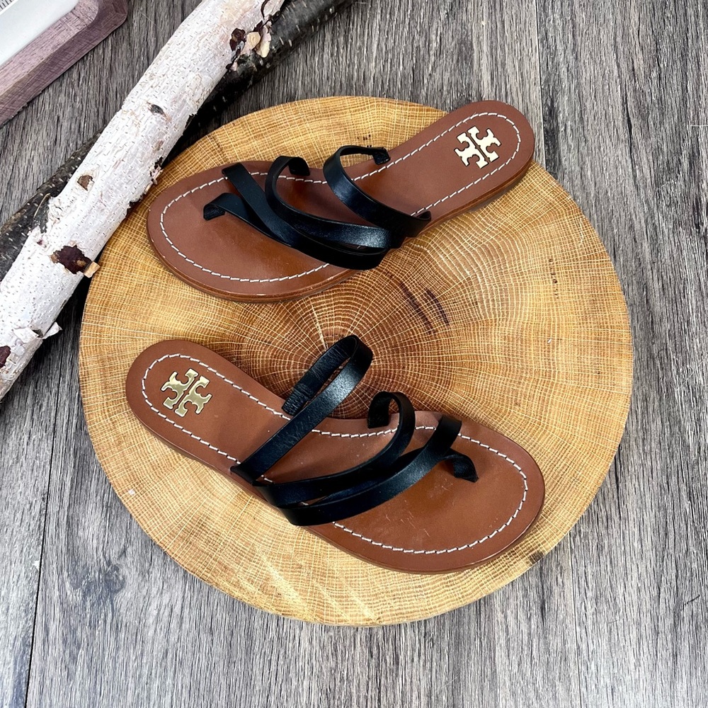 Tory Burch | Patos Flat Slide Black Strappy Leather Sandals Size 5